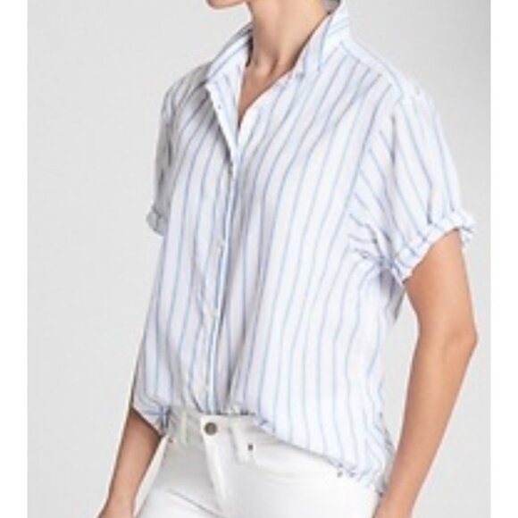 GAP Blue White Striped Button Front Short Sleeve Shirt Womens Large Boxy Casual - Picture 1 of 7